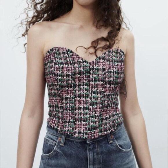 Zara Pink & Green Tweed Corset Womens XL Sweetheart Neck Bustier Preppy Acadmia - Picture 1 of 10